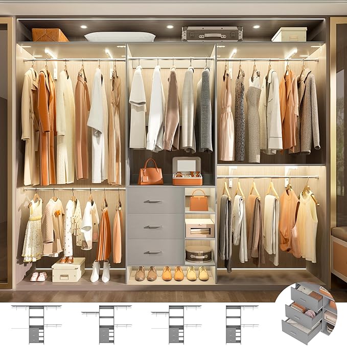 Aheaplus Closet System, Closet Organizer with 3 Wooden Drawers, 8FT Closet Organizer System, 96’’ Walk-in Closet Wardrobe Clothes Rack with Hanging Rods, Garment Rack, Fits 5.3-9 ft, -G6, Grey