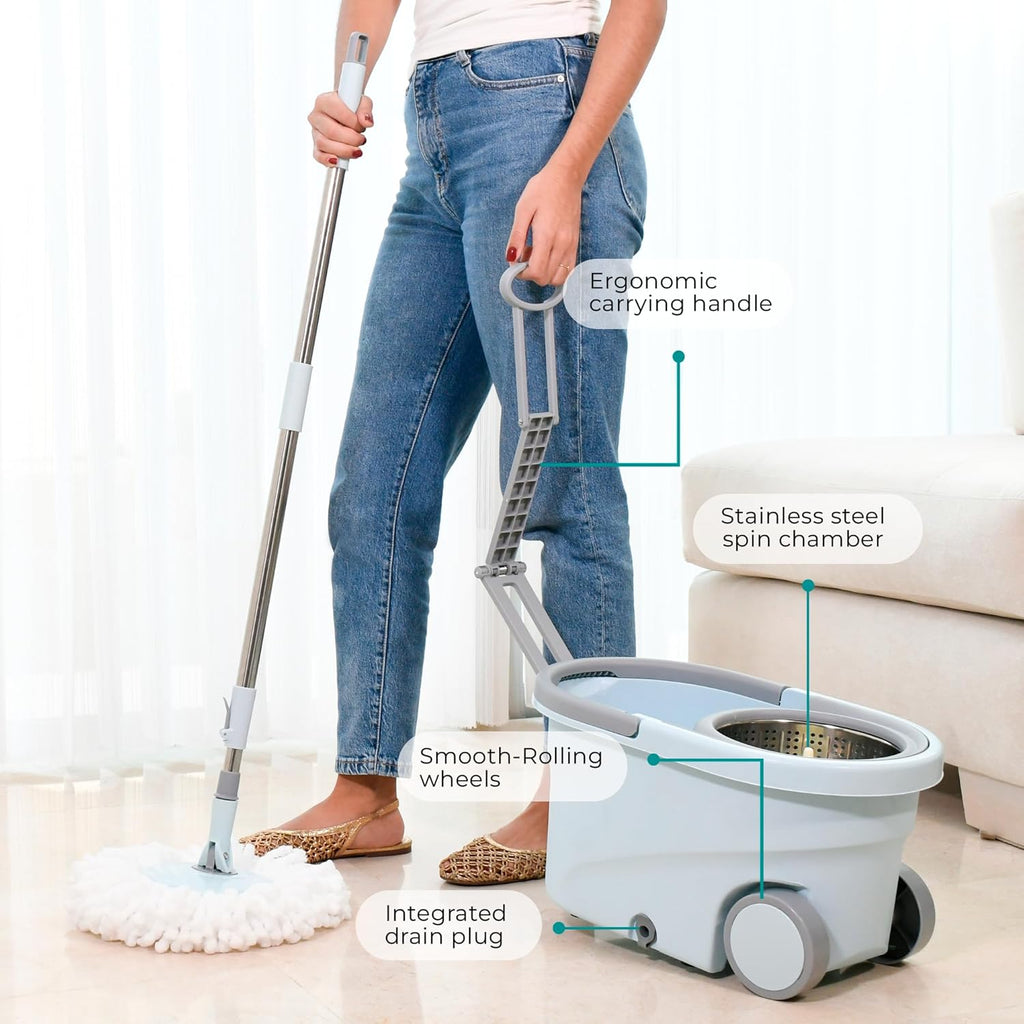 Spin Mop and Bucket Set Cleaning System Wringer 360 Microfiber Mop with Stainless Steel Handle Self Wringing Bucket with Wheels and Drain for Tile Hardwood Laminate Floors Includes 2 Mop Head Refills
