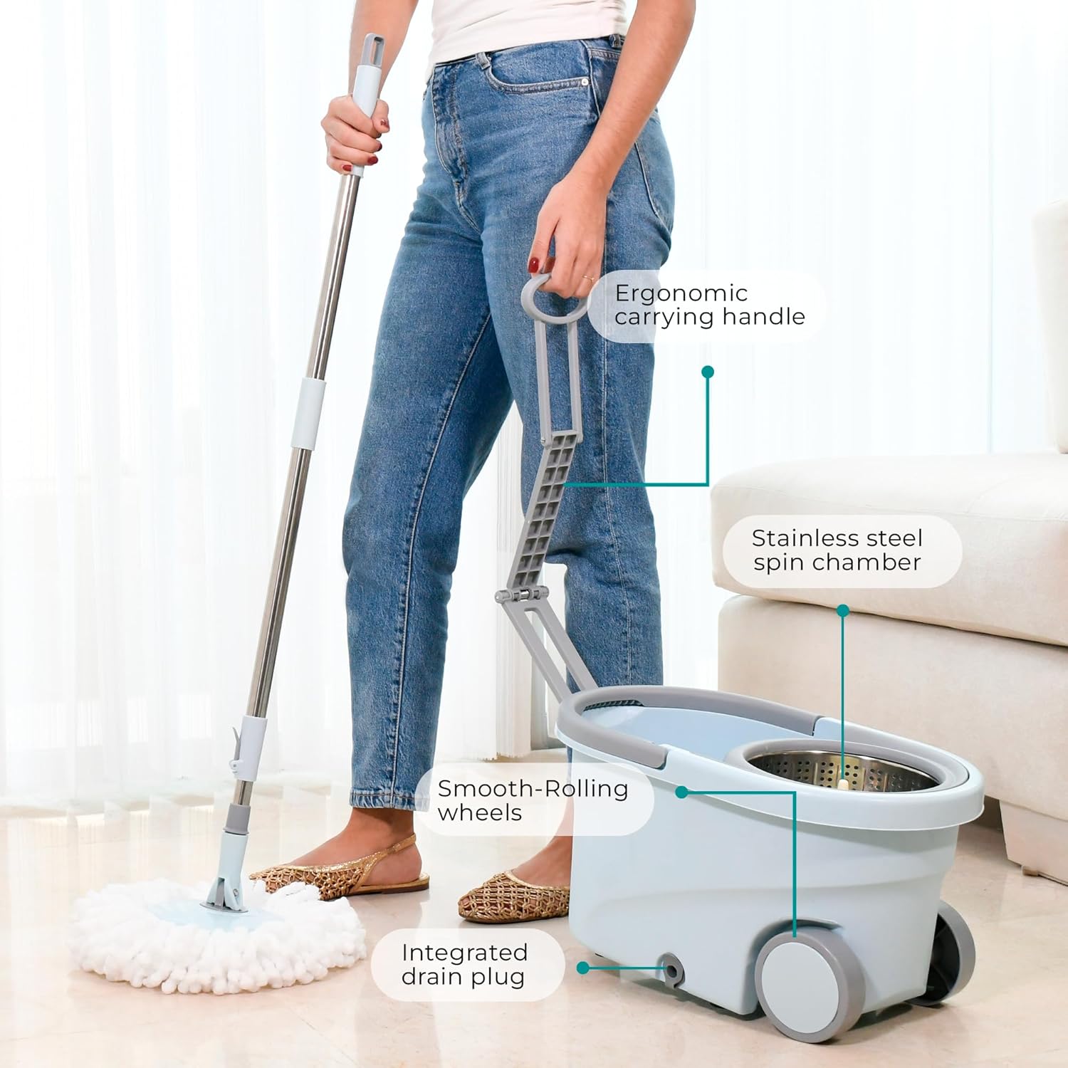 Spin Mop and Bucket Set Cleaning System Wringer 360 Microfiber Mop with Stainless Steel Handle Self Wringing Bucket with Wheels and Drain for Tile Hardwood Laminate Floors Includes 2 Mop Head Refills