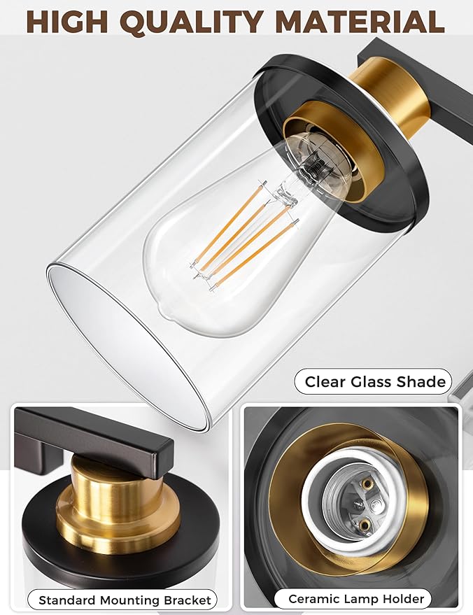 DORESshop 4-Light Black and Gold Vanity Lights with Clear Glass Shade, Over Mirror for Bathroom, Hallway, Bedroom, Living Room, ETL Listed