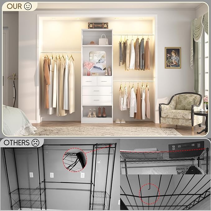 Unikito 48" W - 96” W Closet Organizer, 8FT Walk in Closet Systems Starter Kit with 25” Tower and 3 Extendable Hanging Rods, Sturdy Wood Garment Rack with 4 Drawers and Mirror, Max Load 1000 LBS White