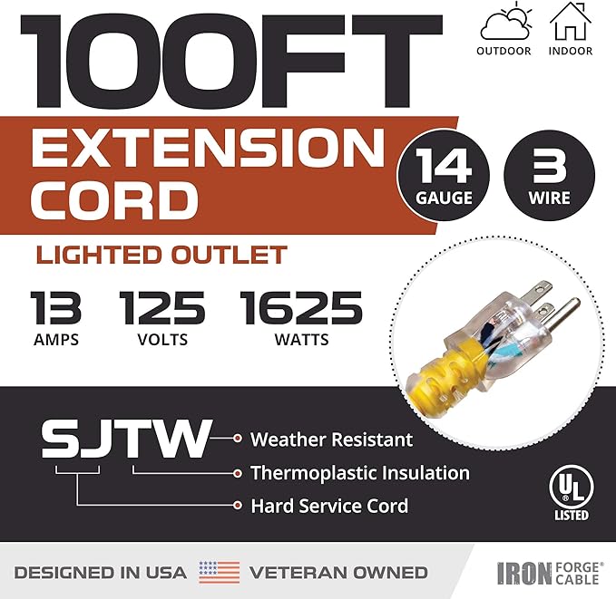 Iron Forge Cable Weatherproof 100 Ft Outdoor Extension Cord - 14/3 SJTW 15 Amp Heavy Duty Yellow Extension Cord 3 Prong - Lighted End