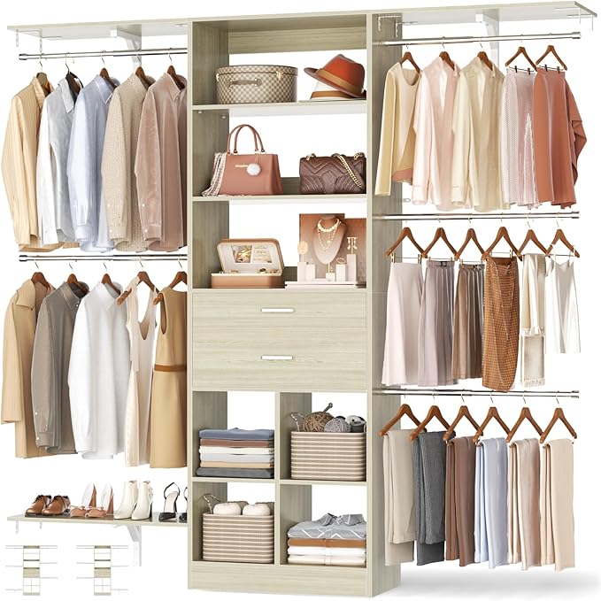 Small Closet System - 5FT Closet Organizer System with Wooden Drawers, 60 Inches Walk In Closet System With 5 Hanging Rods, Can Fit 1.58 to 6.8 FT with Reversible Hanging Shelving, Greige Oak