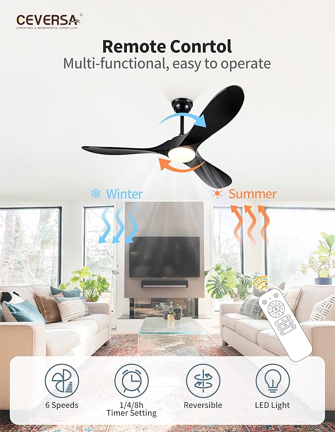 60 Inch Outdoor Ceiling Fans with Lights and Remote, 3 Blades Wood Black Propeller Rustic Ceiling Fans, Quiet Noiseless DC Motor for Farmhouse,Living Room,Bedroom,Indoor