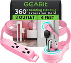 GEARit 360 Rotating Flat Plug Short Extension Cord with 3 Outlets (4ft, Pink) 16AWG/13A 3 Prong Wire, Outlet Saver for Home Office Dorm Room Essentials, ETL Certified