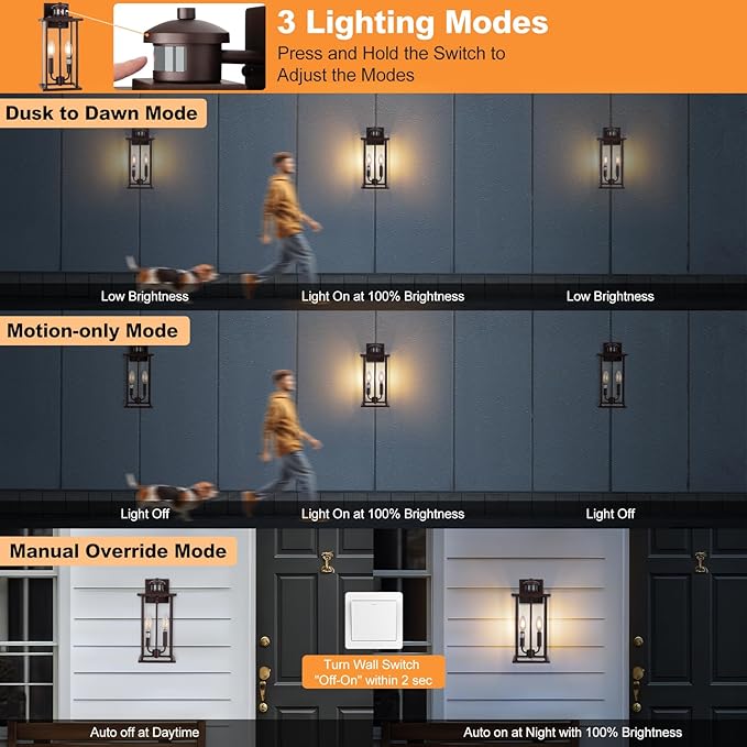 Motion Sensor Outdoor Wall Lights, 16" Waterproof Large Exterior Sconce, Compatible with E12 Base Bulbs, Modern Porch Entryway Lamp for Patio, Front Door Garage (Oil Rubbed Bronze, 2 Pack)