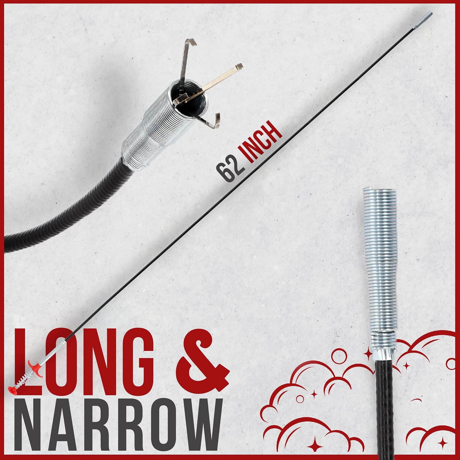 62" Snake Drain Clog Remover - Used as Hair Clog Remover for Sink, Shower, and Bathtub - Dryer Vent Cleaner, and as a Flexible Grabber Tool for Hard to Reach Places - By RAM-PRO