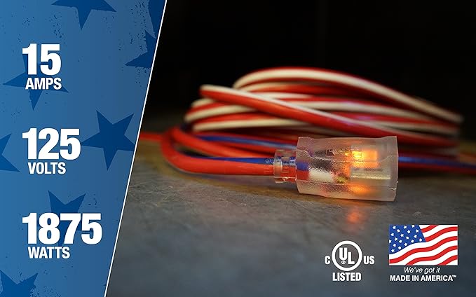 Southwire Extension Cord - Built for Outdoor & Indoor Power Use with Contractor-Grade Durability - Heavy-Duty SJTW Jacket - UL Certified - 12/3 SJTW - Red/White/Blue - 100 Foot