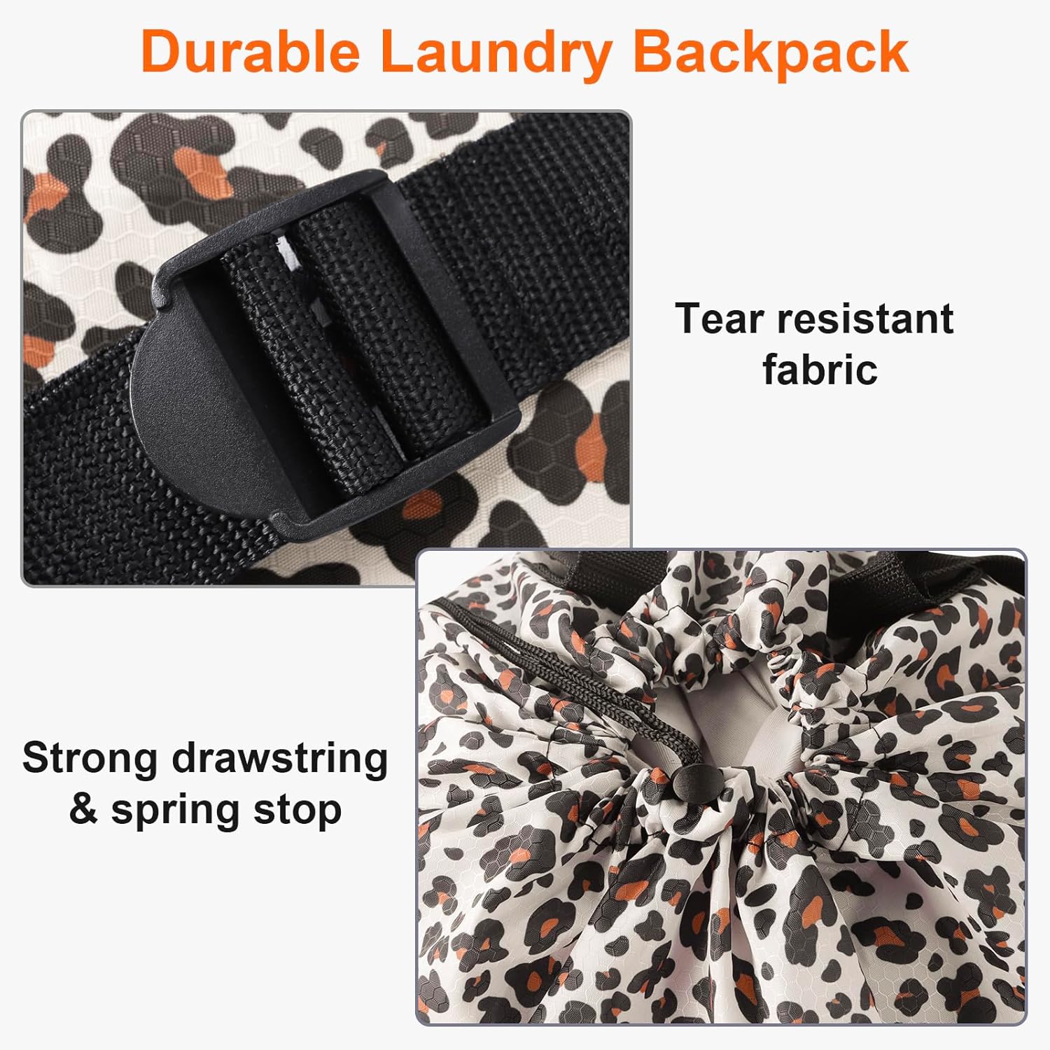 Laundry Bag Backpack Durable Laundry Bag with Shoulder Straps and Mesh Pockets Portable Laundry Dirty Clothes Hamper Bag for College Dorm (Leopard Print)