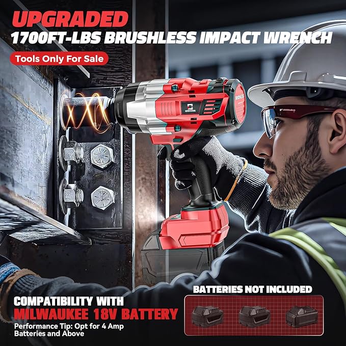 Cordless Impact Wrench 1/2 inch for Milwaukee 18V Battery: 1700FT-LBS High Torque Impact Wrench Heavy Duty Tool with 6 Sockets- Brushless Electric Impact Gun Includes LED Work Light - Bare Tool Only