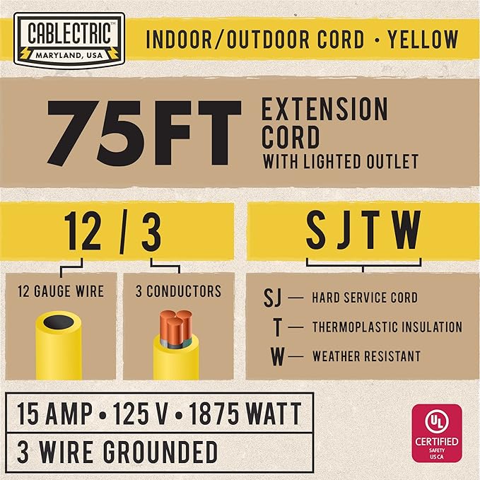 12 Gauge Outdoor Extension Cord 75 ft, 12/3 Heavy Duty Extension Cord 3 Prong Lighted End 75 Foot, SJTW Weatherproof Industrial Electrical Cable for Major Appliances, Proudly American Brand