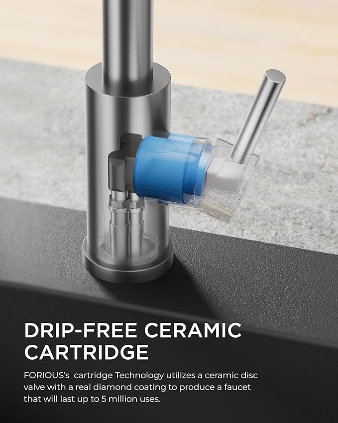 FORIOUS Kitchen Faucet with Soap Dispenser, Brushed Nickel Stainless Steel Spring Sink Faucet with Pull Down Sprayer Transitional Single Handle for Pot Filler, Farmhouse Camper Bar Laundry Room