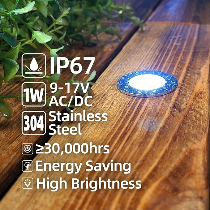 Low Voltage Deck Light 6-Pack, 1W 2700K 80 Lumens 12V Landscape Lighting, Recessed LED Outdoor Step Stair Lights, Full 304 Stainless Steel Deck Lighting Wired for Outside Yard (SG07, 6-Pack 2700K)