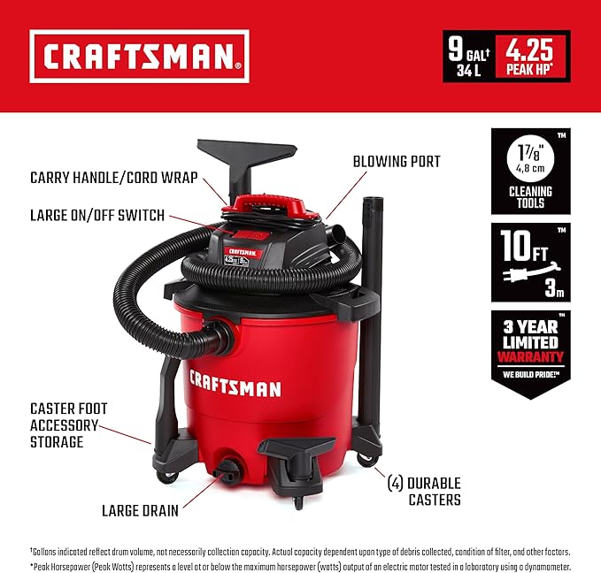 CRAFTSMAN CMXEVBE17590 9 Gallon 4.25 Peak HP Wet/Dry Shop Vac, Portable Shop Vacuum Wet and Dry with Filter, Dust Bag, Hose and Attachments for Home, Garage and Automotive Cleaning