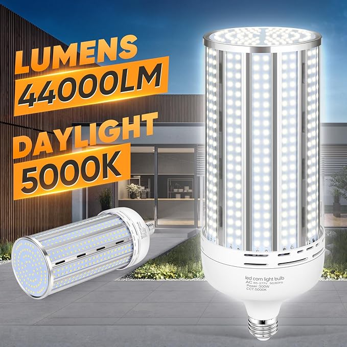 2 Pack 300W Corn LED Light Bulb Fanless,5000K Daylight(3000 Watt Equivalent) E26/E39 Large Mogul Base LED Cob Lamp 44,000LM for Outdoor Indoor Garage Warehouse Factory Workshop Street Backyard