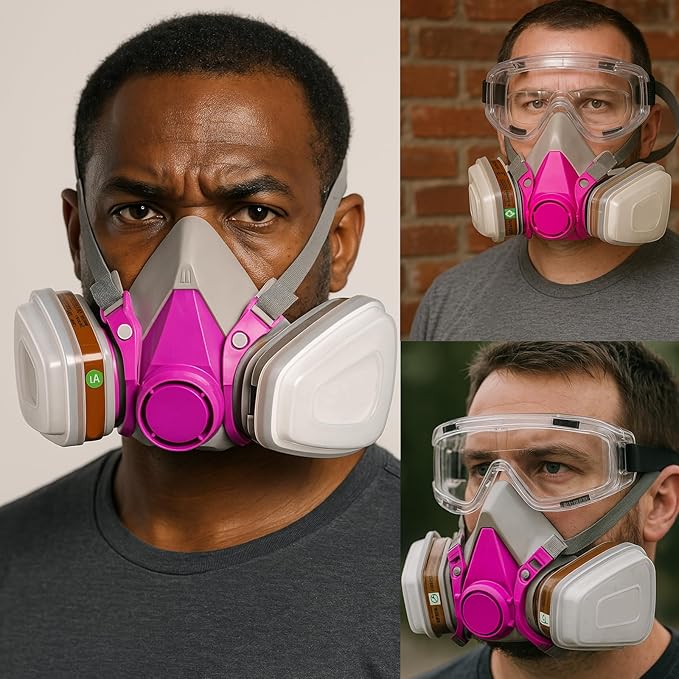 RANKSING Respirator Mask with Filters and Glasses to Against Dust Gases Fumes in Painting Spraying Sanding Orange/Pink