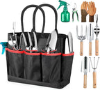 Garden Tools 9-Piece Heavy Duty Gardening Hand Tools with Fashion and Durable Garden Tools Organizer Handbag, Rust-Proof Garden Tools Set, Ideal Gardening Gifts for Women (Black Red)