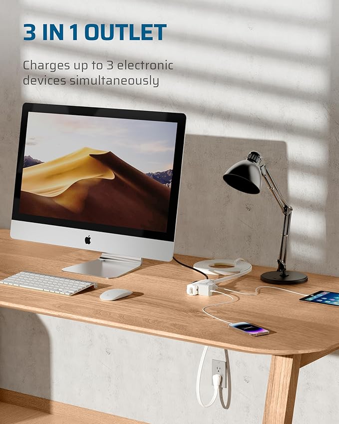 DEWENWILS 3 Outlet Extension Cord with Flat Plug, 25 FT 16/3 Awg Grounded Power Cable for Indoor Use, SPT-3 Cord, White, ETL Listed, 1 Pack