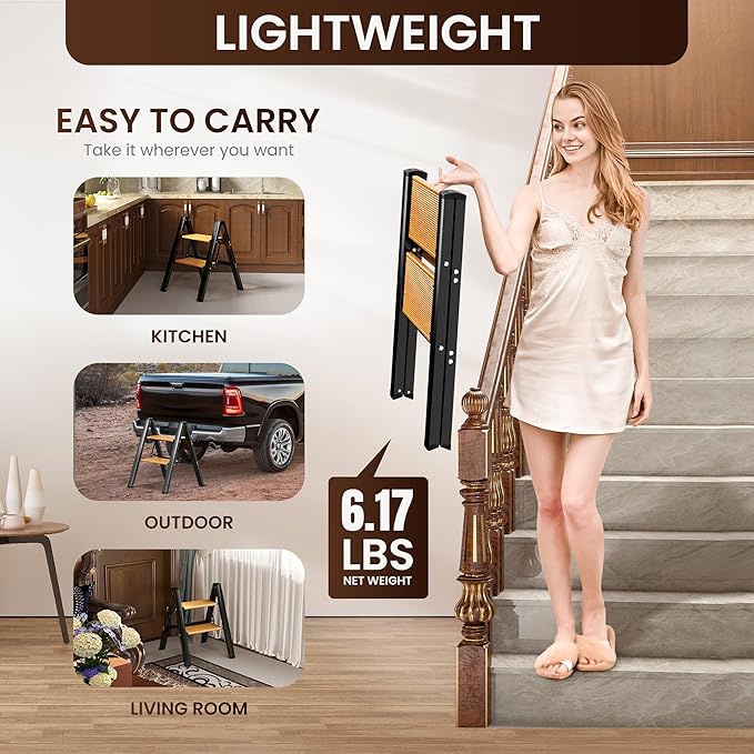 GameGem 2 Step Ladder, Aluminum Folding Step Stool with Anti-Slip Sturdy and Wide Pedal, Lightweight Portable Stepladder for Home and Kitchen Use Space Saving, 330 lbs, Black Woodgrain