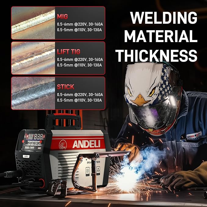 ANDELI MIG Welder, 160Apm 110V/220V Dual Voltage GAS MIG/FLUX MIG/LIFT TIG/STICK 4-In-1 Multiprocess MIG Welder, LED Digital Display Synergic Control,Gas Gasless MIG Welding Machine MIG-160 AIR