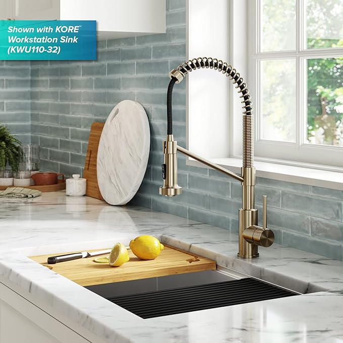 KRAUS Bolden Touchless Sensor Commercial Style 2-Function Single Handle Pull Down Kitchen Faucet in Spot-Free Antique Champagne Bronze, KSF-1610SFACB