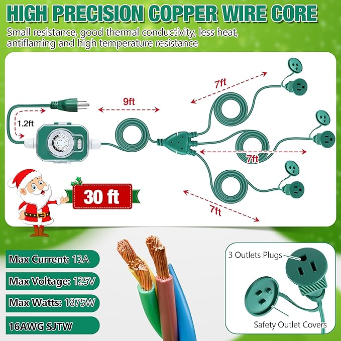 Feekoon 30FT Outdoor Extension Cord with Timer, 1 to 3 Way Extension Cord Splitter, 16AWG SJTW Heavy Duty 3 Plug Green with Multiple Outlets and Weatherproof Covers for Halloween Christmas