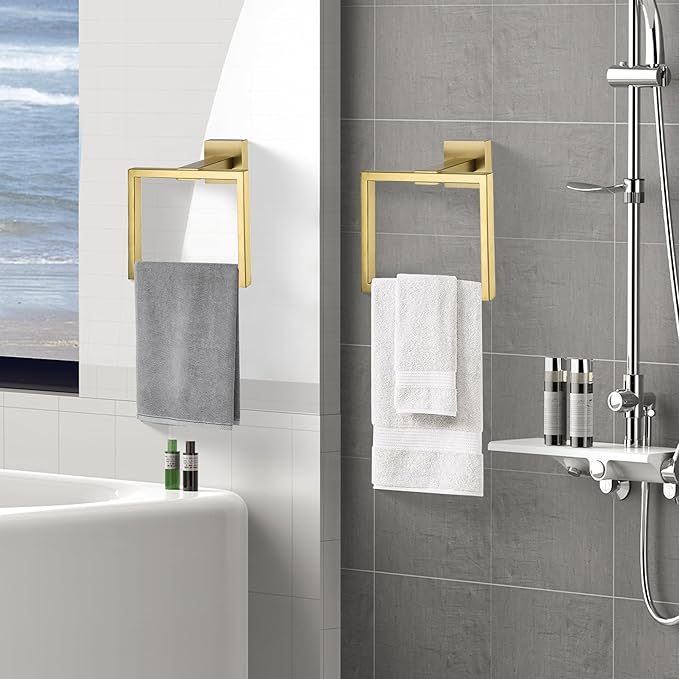LANC Hand Towel Rings for Bathroom Wall Mount Brushed Gold Square Hand Towel Holder for Bath Kitchen Lavatory SUS304 Stainless Steel Contemporary Style Shower Towel Towel Racks Hanger, A8896BG