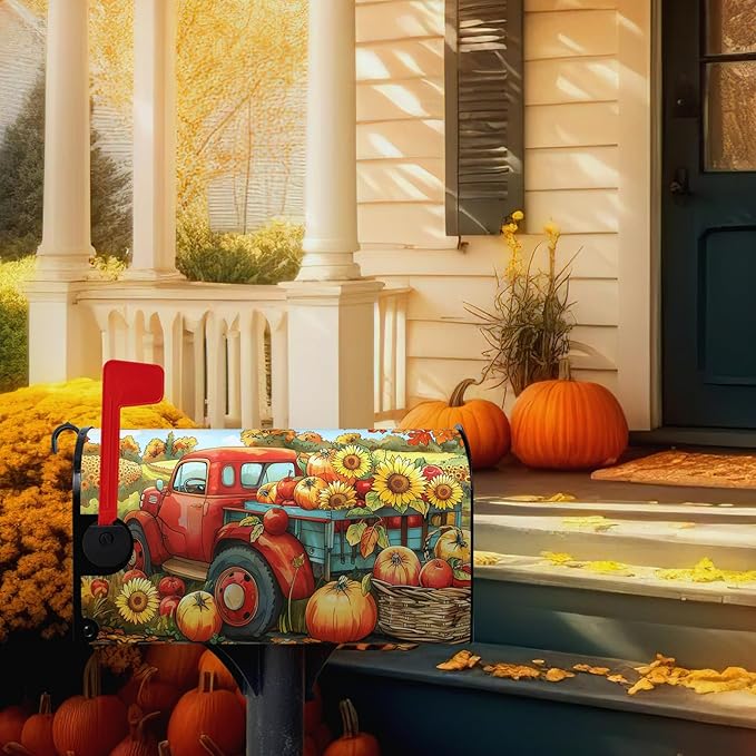 Fall Autumn Pumpkins Mailbox Covers Magnetic Large Size 25.5 X 21 Inch Autumn Harvest Yellow Sunflower Mailbox Wraps Cover Red Truck Thanksgiving Letterbox Cover for Garden Yard Outdoor Decor