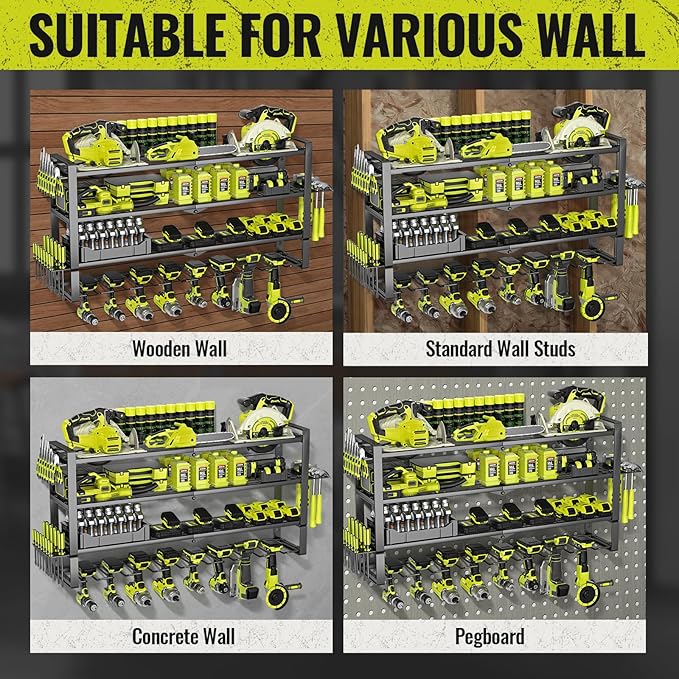 4 Layers Extra Tall Power Tool Organizer Wall Mount Loads 400lbs,Heavy Duty Metal Battery Tool Rack with 8 Cordless Drill Holders,Tool Storage Shelf For Workshop,Garage,Warehouse,Gifts for Men,Husband