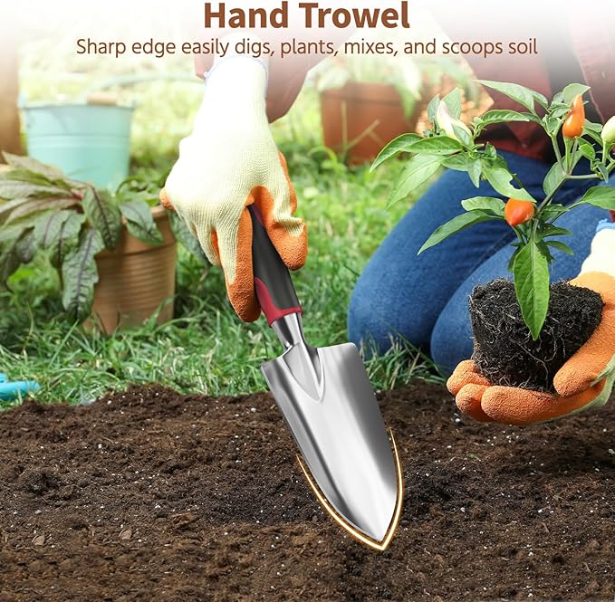 LASZOLA 3 Piece Garden Tool Set Include Hand Trowel Rake and Transplant Shovel for Women, Indoor Heavy Duty Small Spade Kit with Ergonomic Handle to Weed and Loosen, for Mom and Plant Beginner, Red