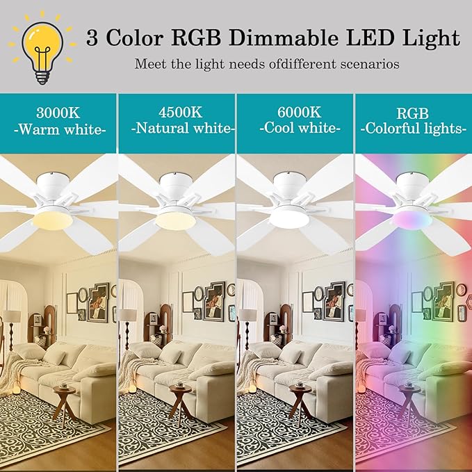 52inch White Ceiling Fans with Lights and Remote/App Control, Low Profile Ceiling Fan with Light and 6 Double-Side blades, Flush Mount, LED/RGB Dimmable DC Reversible Modern Ceiling Fan for