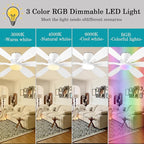 52inch White Ceiling Fans with Lights and Remote/App Control, Low Profile Ceiling Fan with Light and 6 Double-Side blades, Flush Mount, LED/RGB Dimmable DC Reversible Modern Ceiling Fan for