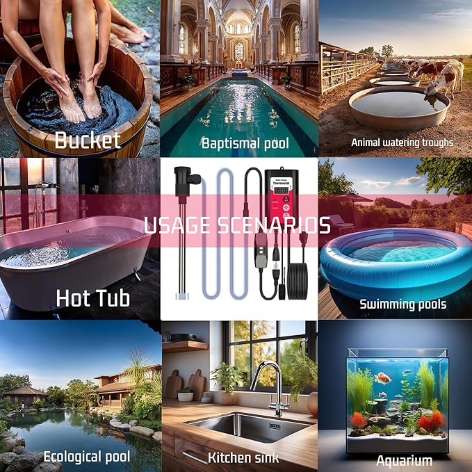 1300W Immersion Water Heater Portable Electric Buckets & Hot Tub Fully Submersible Water Heater with Temp Control and GFCI for baptistry, Bathtub, Pools, Buckets - Easy to use