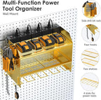 CCCEI Modular Power Tool Organizer Wall Mount with Charging Station. Garage 4 Drill Storage Shelf with Hooks, Drill Bit Heavy Duty Rack, Gold Tool Battery Holder Built in 8 Outlet Power Strip.