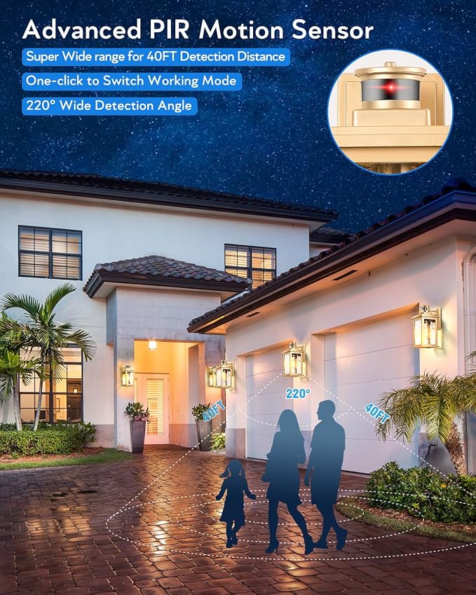VIANIS 2 Pack Motion Sensor Outdoor Lights Lantern, Dusk to Dawn Exterior Lights for House, Gold Anti-Rust Porch Lights Sconce, Garage Lights Wall Mount for Patio, Doorway, UL Listed