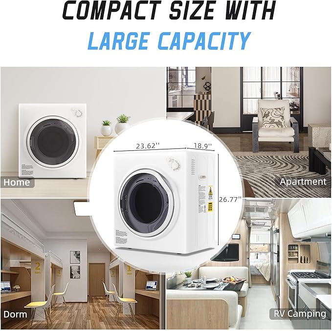 Elevon 1500W Portable Clothes Dryer, 3.5 cu.ft Electric Drying Machine for Laundry with Steel Tub for Apartment, Dorms, Compact Dryer for Small Space, Black/White