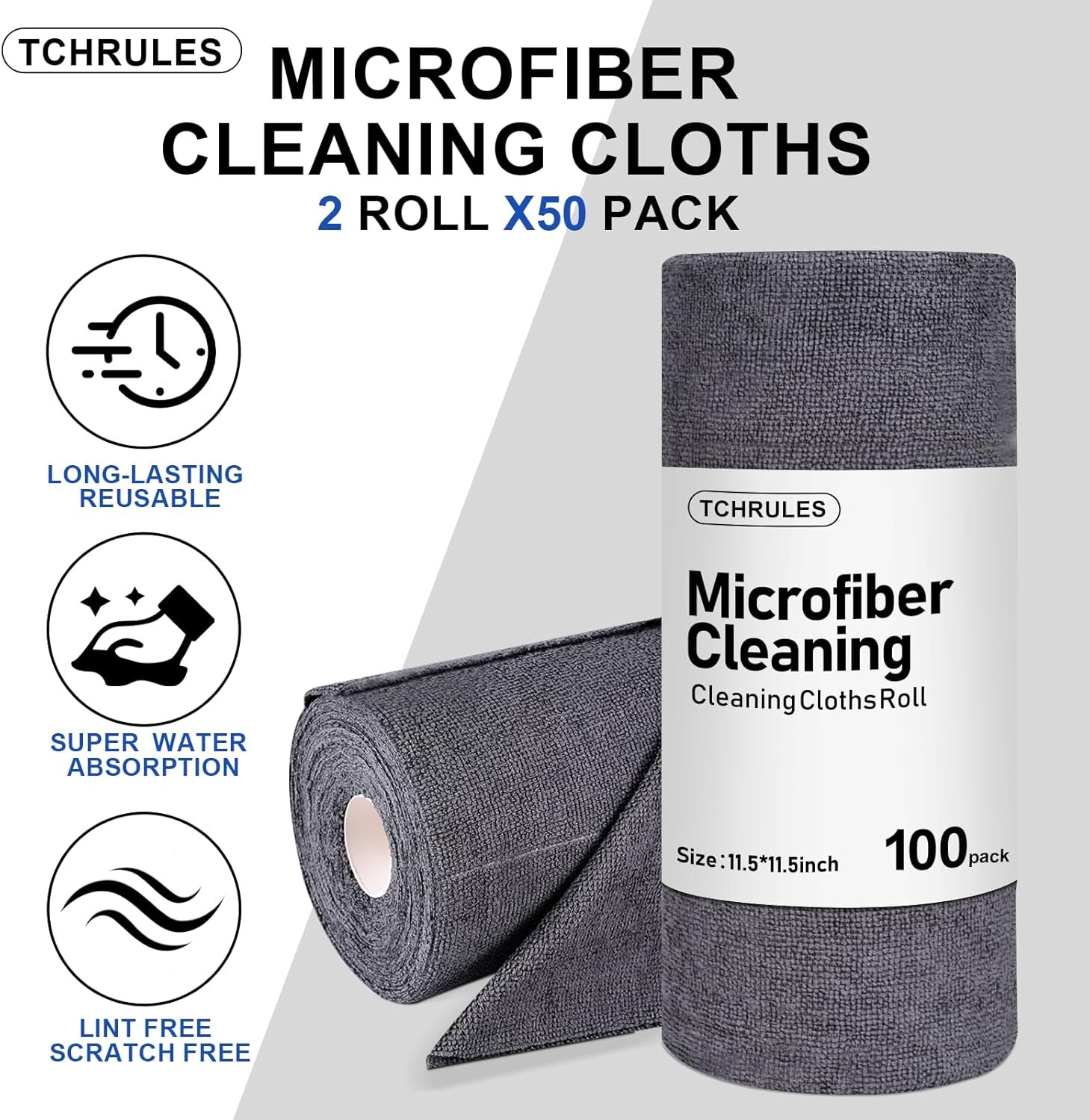 Microfiber Cleaning Cloths Roll, 100-Pack 11.5x11.5 Inch, Tear Away Microfiber Towels, Reusable Microfiber Towels for Cars, Wash Cloths, House, Kitchen, Window, Cleaning Supplies (Grey-100pcs)