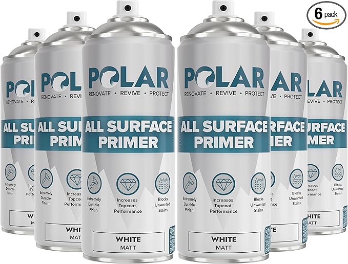 Polar All Surface Primer Matte White - 6 x 13.5 Fl Oz - Ideal for Wood, Metal, Plastic, Brick - Enhanced Adhesion & Quick Drying