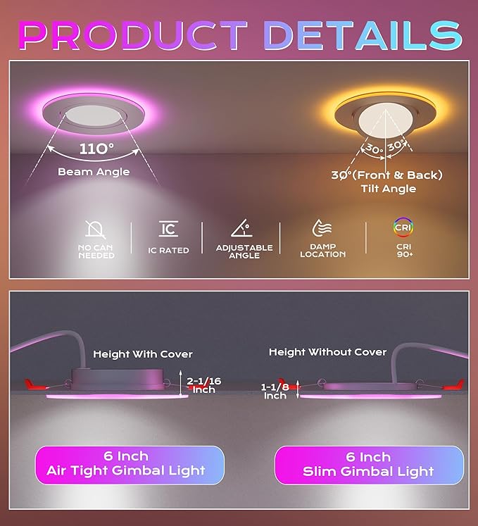 CLOUDY BAY [4 Pack] 6 Inch Gimbal Smart Recessed Lighting with Gradient Accent Light and Night Light,15W 2700K~6500K RGB LED Recessed Lights, Compatible with Alexa and Google Home Assistant