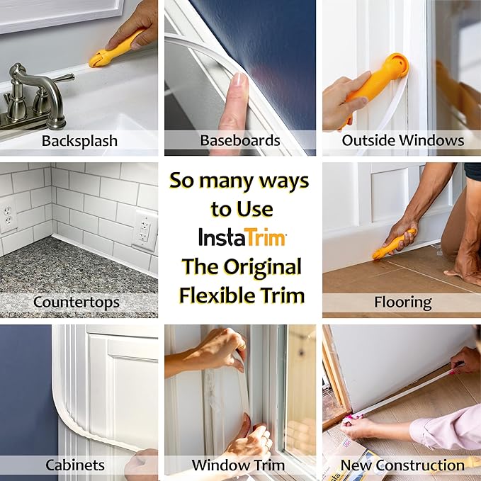 InstaTrim The Original Flexible Trim - 50ft White 3/4" Wide Caulk Tape - Adhesive Trim with Many Uses Including Caulking for Bathtubs, Sinks, Counters, Tile, Floors - Made in USA