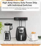 CCCEI Heavy Duty Surge Protector Power Strip 20 Amp Individual Switches. 15FT 12 Gauge Extension Cord with Multiple Outlets. Kitchen, Garage, Shop, Industrial Wall Mount Electric Extender, Black.