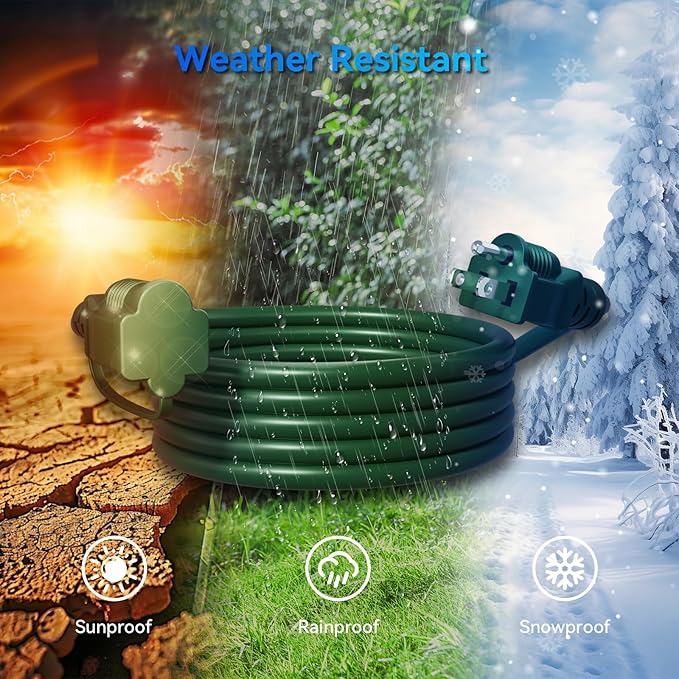 K KASONIC - 40 FT Halloween Lights Outdoor Extension Cord 1 to 3 Splitter, 3 Prong Outlets Plugs, 16AWG/3C SJTW Weatherproof Wire for Holiday Decoration Light, ETL Listed, Green