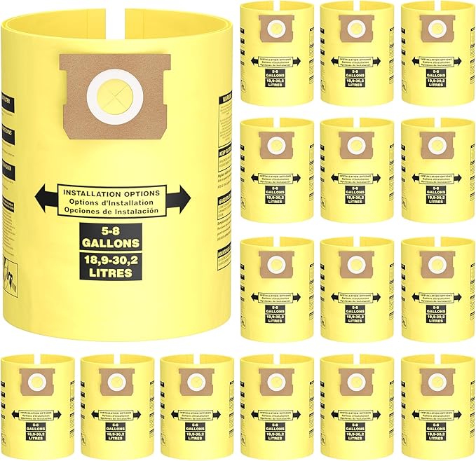 15PCS 5-8 Gallon Wet Dry Vacuum Filter Bags Replacement For Shop Vac Bags, Replace Part Type H #90671 9067100 9067133, Type E #90661 9066100 9066133, VF2004, VHBS VDBS（Yellow）