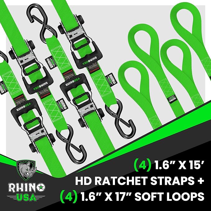 Rhino USA Ratchet Straps Heavy Duty Kit (4-Pack) - 1.6 Inch x 15 Feet (5,208lb Break Strength) - Ultimate Tie Down Straps with Safety S Hooks for Trucks, ATV, UTV, Motorcycle, Cargo & More - Green