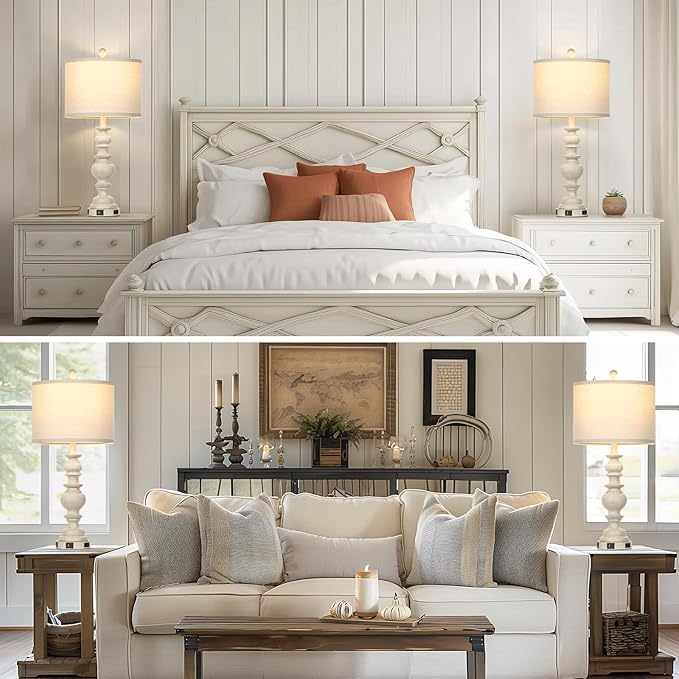 27.5" Farmhouse Table Lamps Set of 2, Rustic Living Room Lamps with USB C+A Ports & AC Outlet, Vintage Bedside Lamps with Linen Shade, Tradition Bedroom Lamps for Nightstand Side End Table Desk, Beige