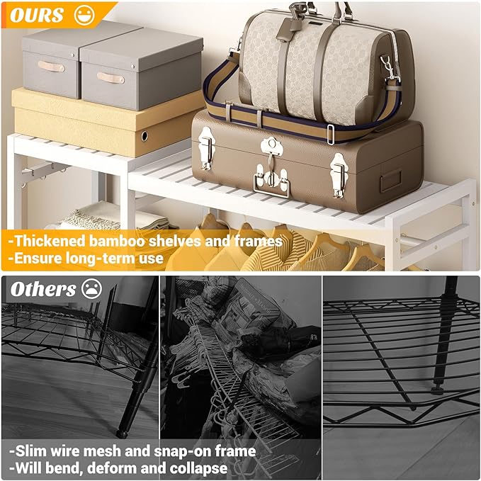 Homykic Bamboo Clothes Rack Garment Rack for Hanging Clothes, Heavy Duty Clothing Rack with 7 Tiers Adjustable Shelves, Double Rods, 4 Hooks, Freestanding Closet System Organizer Wardrobe, White