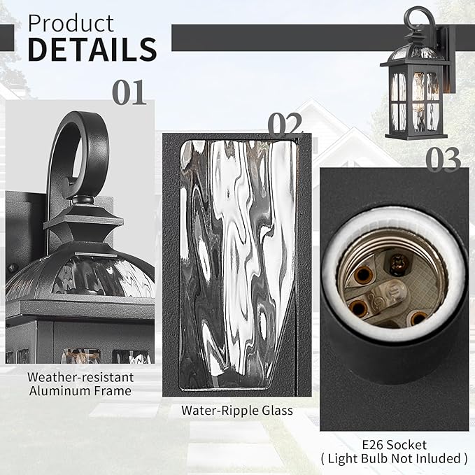 Darkaway Outdoor Wall Light Exterior Light Fixture with Water Ripple Glass, Aluminum Outside Lights Sconces Exterior Lighting for House Porch Patio Doorway Garage