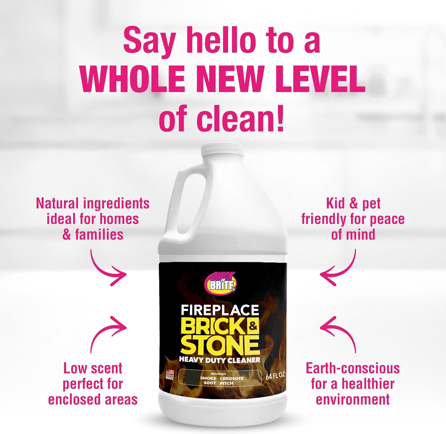 Quick N Brite Fireplace Gel Cleaner for Brick, Stone, Rock, Tile, and Marble, Nonabrasive Fireplace Cleaner, Made in the USA, 64oz