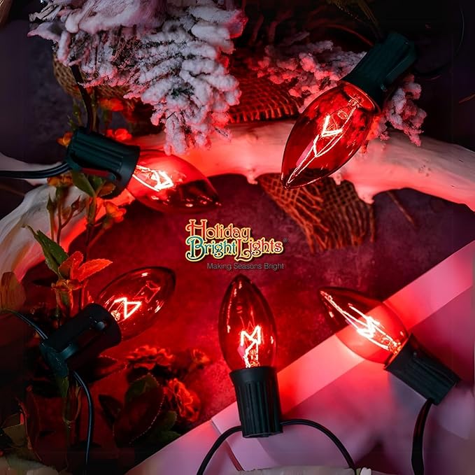 Holiday Bright Lights C9 Transparent Red Replacement Bulbs 25-Pack, Incandescent Faceted String Light Bulbs with E17 Base for Outdoor and Holiday Décor