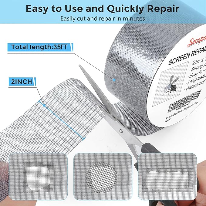 Grey Window Screen Repair Tape, 2IN X 35FT (420IN) Screen Repair Kit for Windows or Doors, Strong Adhesive Patch Kit Fiberglass Mesh Tape